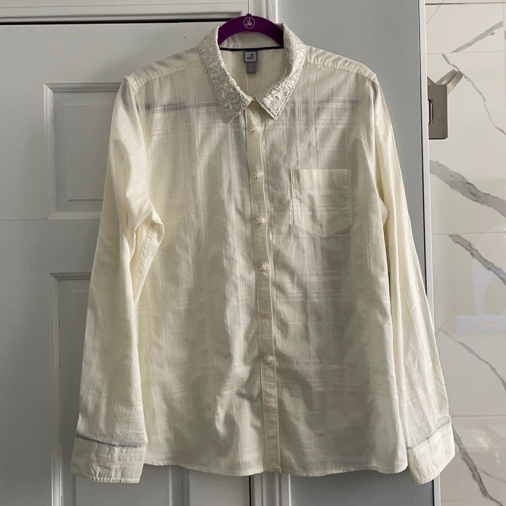 NWT JCPenney Ivory Plaid Blouse w/ Silver Collar